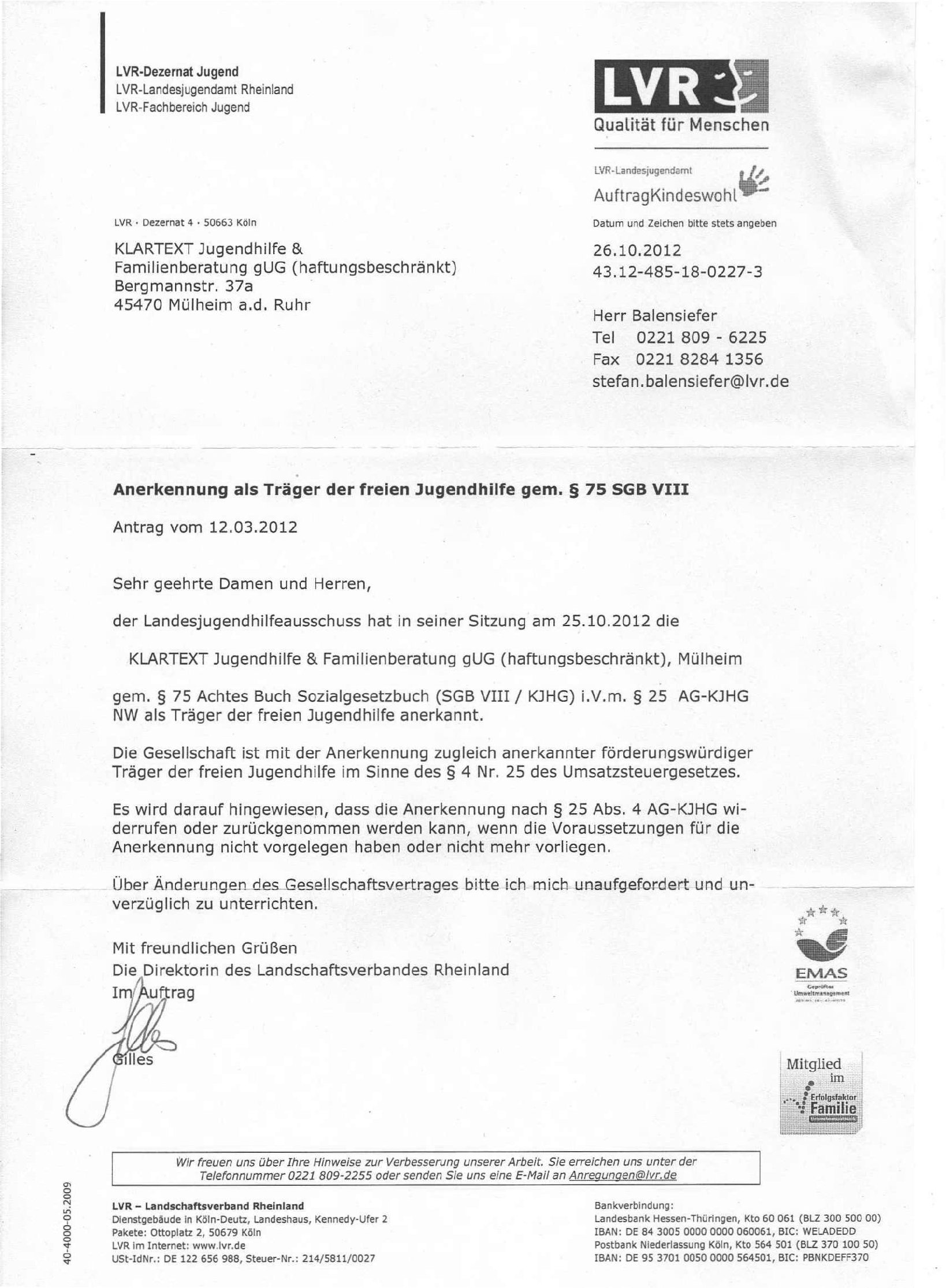 Anerkennung als Träger der freien Jugendhilfe gem. § 75 SGB VIII durch den LVR